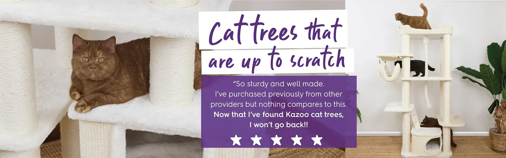 Cat tree with a cat on it, promotional text overlay, and another cat tree in the background.