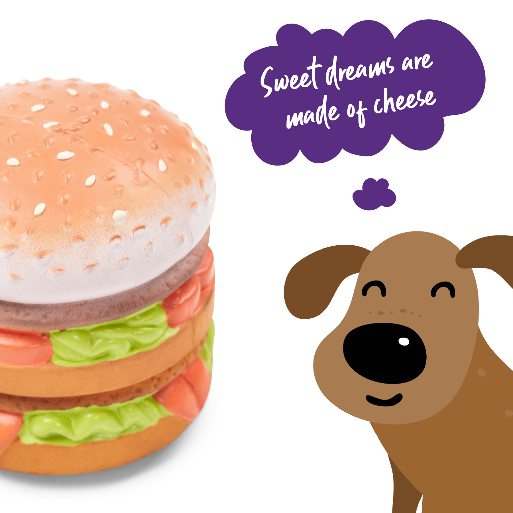 Squeaky burger dog toy top